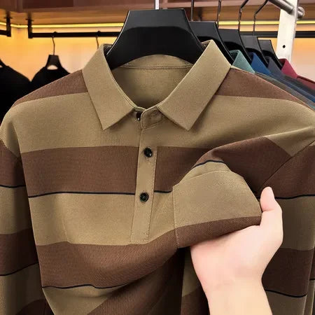 Mens Relaxed Lapel Polo Shirt Long Sleeve Horizontal Stripes Button Placket Casual Street Daily Fashion Outfit