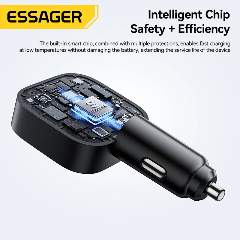 ឆ្នាំងសាករថយន្ត ESSAGER 45W ជាមួយខ្សែរ 75CM អាចដកថយបាន PD សាកថ្មលឿន 3 រន្ធ USB C & A សម្រាប់ iPhone 17 16 15 Huawei iPad