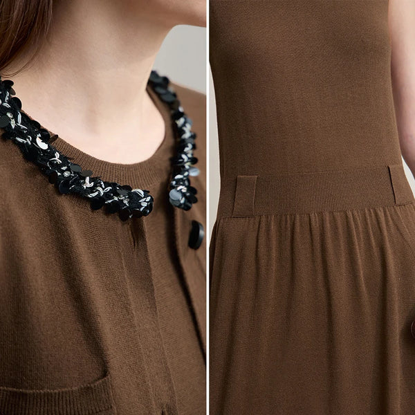 AMII Midi Dresses 2026 Autumn New Knitted Cardigan Sleeveless Long Dress Round Neck Solid Elegant Loose Ladies Clothing 12543209