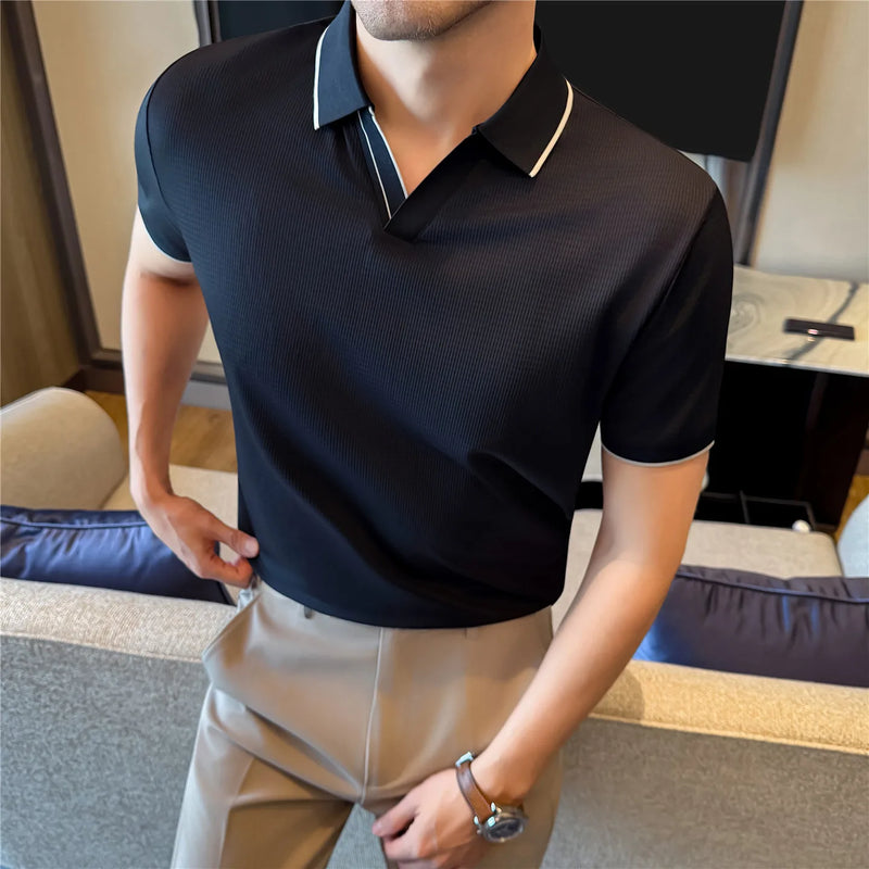 Men Summer Short Sleeve Polo Shirt Solid Color Casual Open Hem Collar Top Breathable Cool Feeling Tee