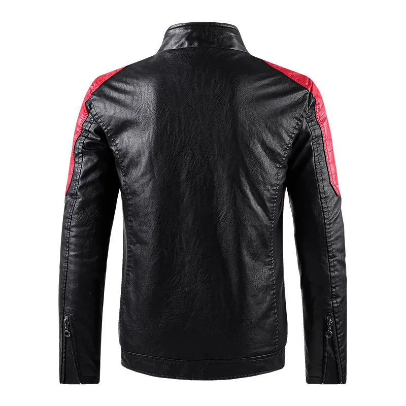 Autumn Men's Stand Collar Color-Block PU Jacket, Black Faux Leather Jackets, Spring Casual Coat. Asian Size Loose Fit Top.