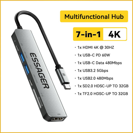 Essager USB HUB 7 in 1 USB C HUB PD60W USB Type C to Multi USB 3.0 Adapter for MacBook Pro Air Huawei Mate 30 USB-C 3.0 Splitter CN 60W