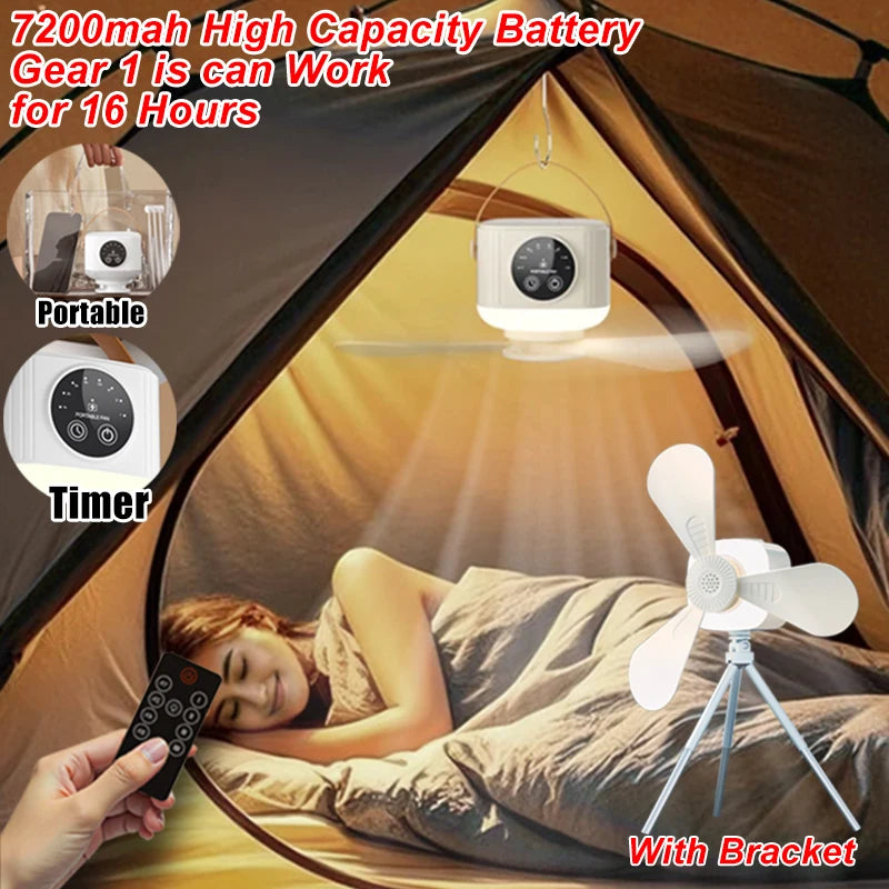 7200mAh Portable Camping Fan Rechargeable Ceiling Fan Light Quiet Wireless Fan with Remote Timing for Camping Tent Dorm Room