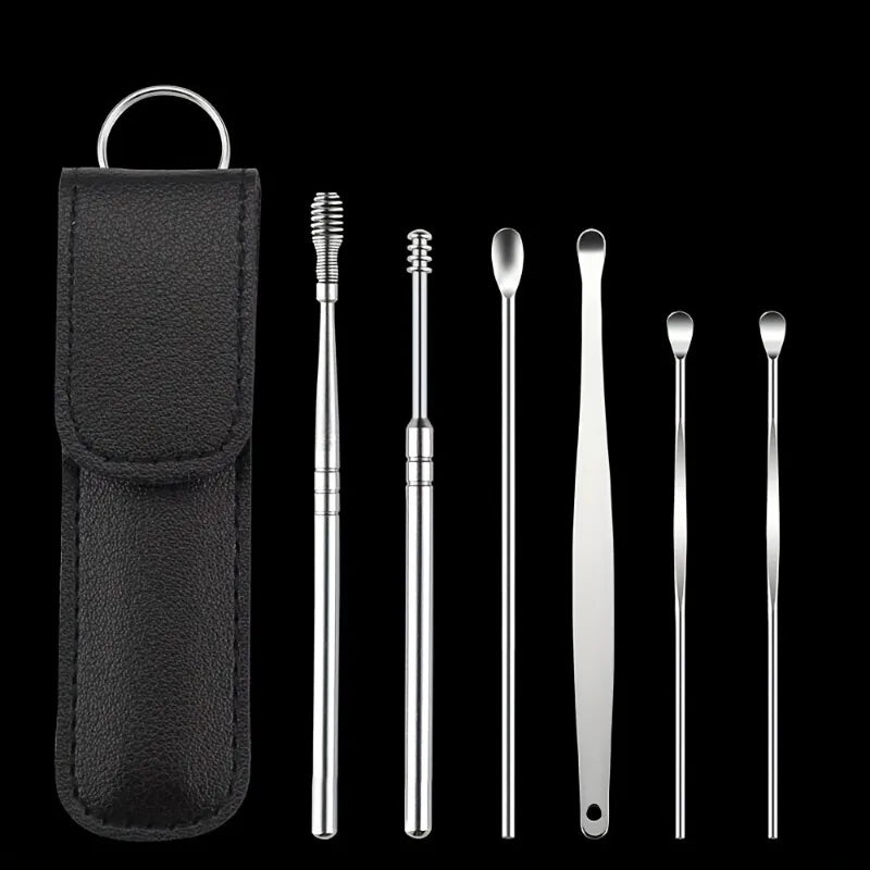 1set Ear Degreaser Tool, Stainless Steel 6 Piece Ear Cleaning Set,Spring Loaded Ear Scoop, Travel Portable Ear Wax Removal Set