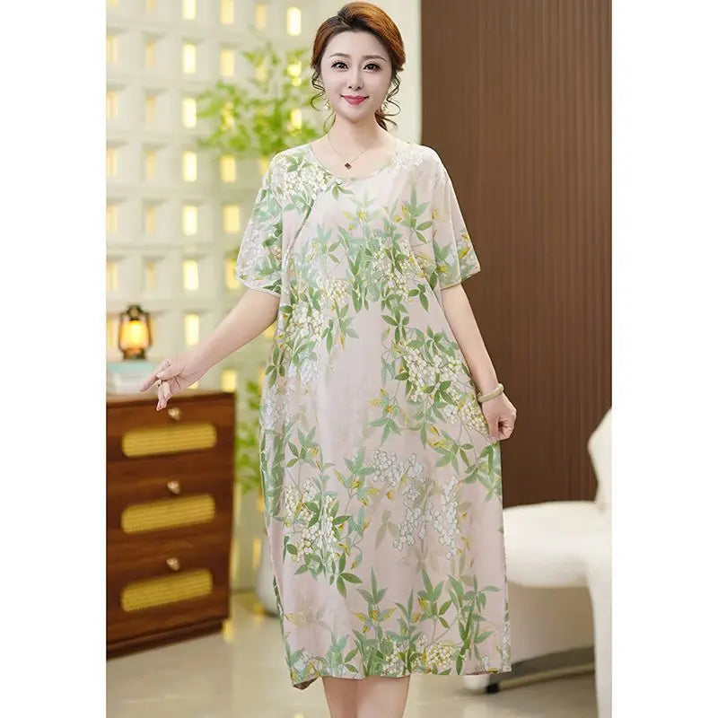 Summer New Middle-aged Elderly Mothers Nightgowns Loose Cotton Silk Dress Short-sleeved Floral Nightdress Loungewear Women