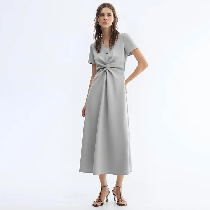 Amii Women's Dress 2026 Summer New Short Sleeve V-Neck Shirred Fitted Waist Midi Dress Holiday Casual Woman Clothes 12622204