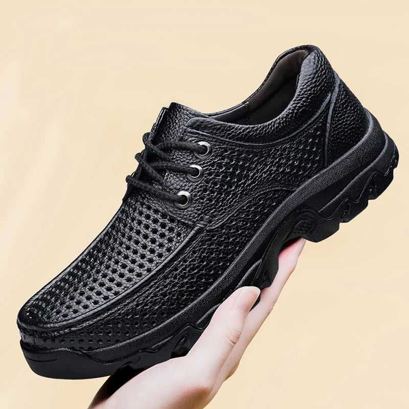 Men Hollow Genuine Leather Shoes Sturdy Thick Hard Rubber Outsole Breathable Work Shoes Non‑Slip Outdoor Walking Plus Size