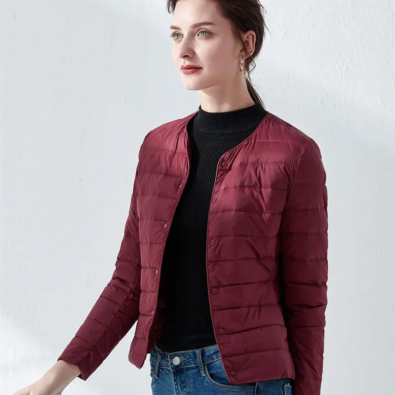 Winter Red Light/Thin Women's Round Neck Long Sleeve Jacket, White Blue Gray Khaki Available, Asian Size S-3XL Female Coat