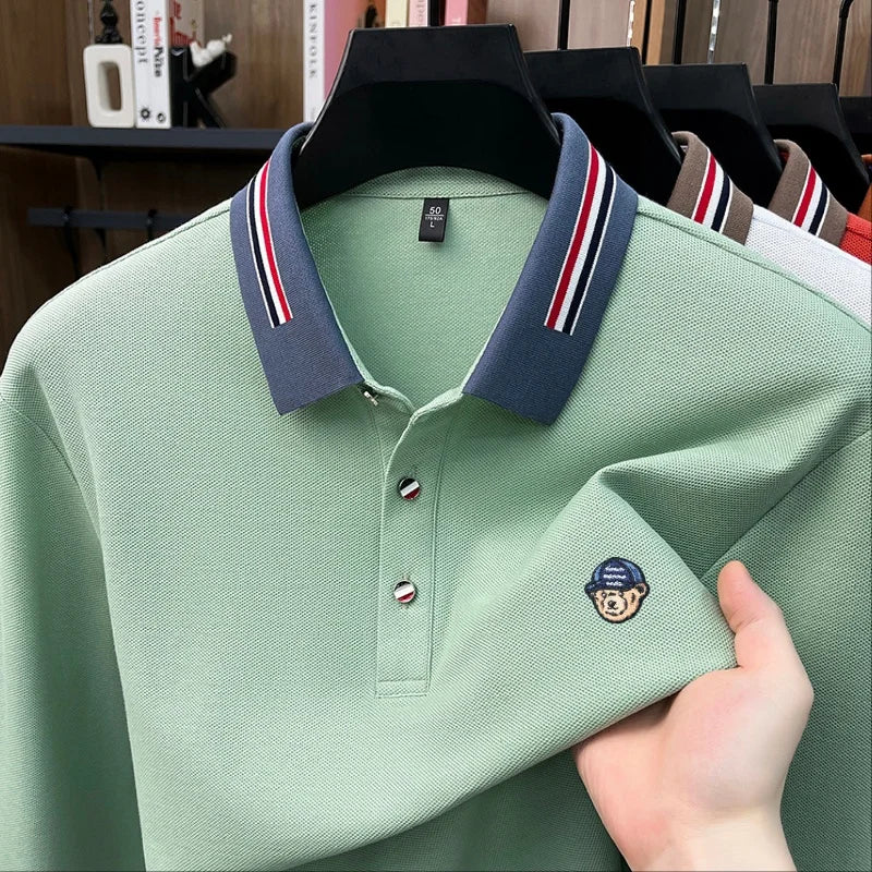 Trend 100%Cotton Man Long-Sleeved Polo Shirt Lapel Button Color Blocking Exquisite Pattern Embroidery Autumn New LeisureMenswear