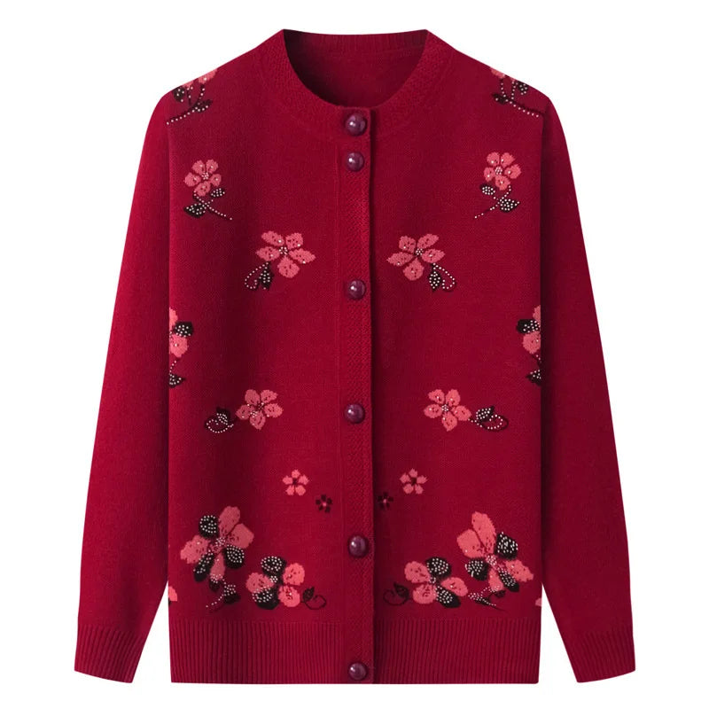 New Middle-Aged Women's Autumn Sweaters Cardigan Coat Female O-Neck Embroidered Knitting Sweater Mother Long Sleeve Tops