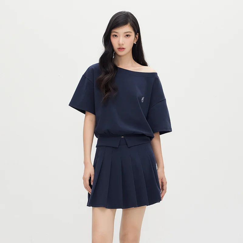 Semir Women Set Short Length Pleated Skirt Oblique Shoulder Slit Top Embroidered Sexy 2026 Summer Casual Fashion Top