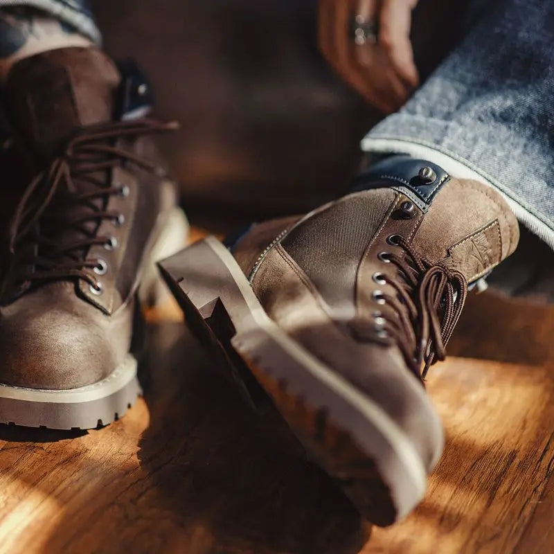 Maden Splice Suede Work Boots Men's Vintage Chunky Sole Round Toe Combat Boots Lace-Up Ankle Boots for Desert Hiking & Casual