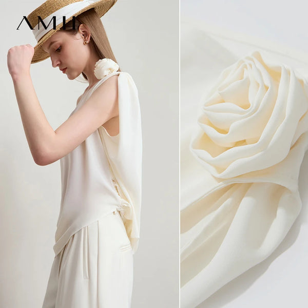Amii Minimalist Casual Light Luxury Chiffon Shirt Women 2026 Summer New Party Stereo Flower Slant Neck Shoulder Blouses 12542144
