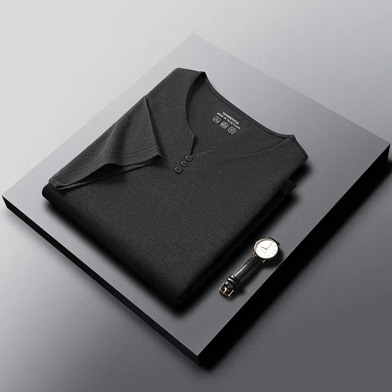 Mens Soft Breathable V Neck Tee With Henley Button Design Comfortable For All Seasons Daily And Casual Wear Activities