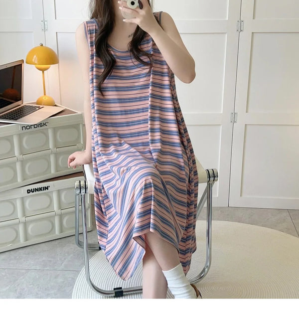 រ៉ូប ឆ្នូត ធម្មតា ទំហំ M-3XL អាវកាក់ គ្មាន ដៃ រ៉ូប គេង ស្ត្រី