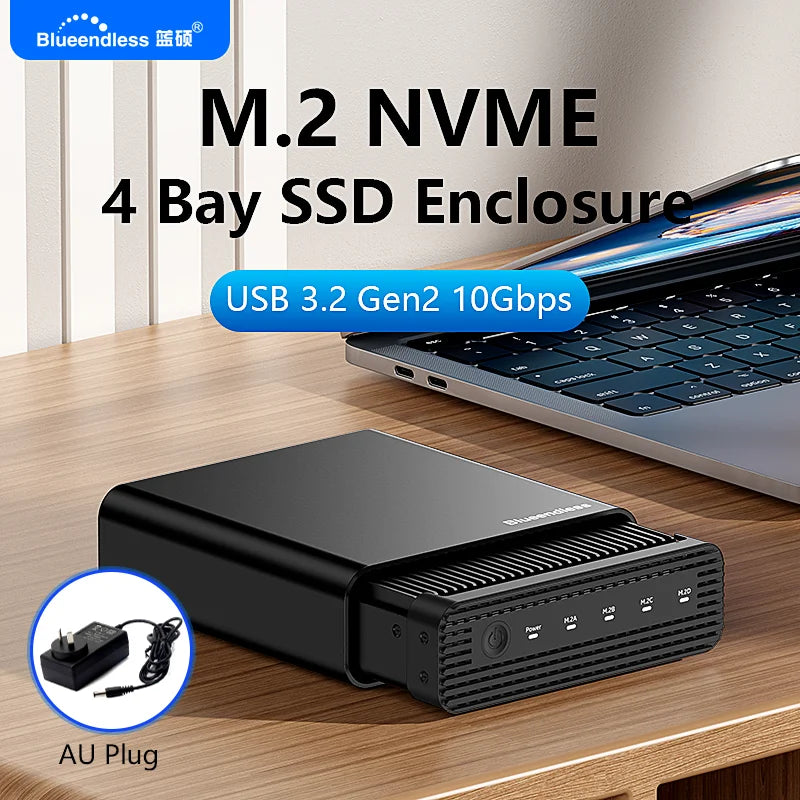 ប្រអប់ ដាក់ SSD ខាងក្រៅ ប្រភេទ PCIe NVME អាលុយមីញ៉ូម M2 4-Bay ប្រភេទ USB C 3.2 Gen2 10Gbps ទៅ Nvme Adapter ប្រភេទ SSD ជាមួយ កង្ហារ ត្រជាក់