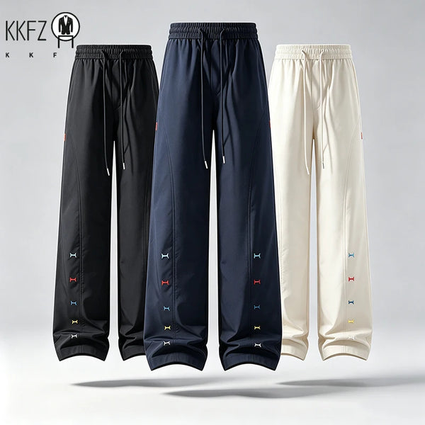 Mens Streetwear Wide Leg Trousers Elastic Waist Long Drawstring Loose Silhouette Side Embroidery Light Fabric For Commute