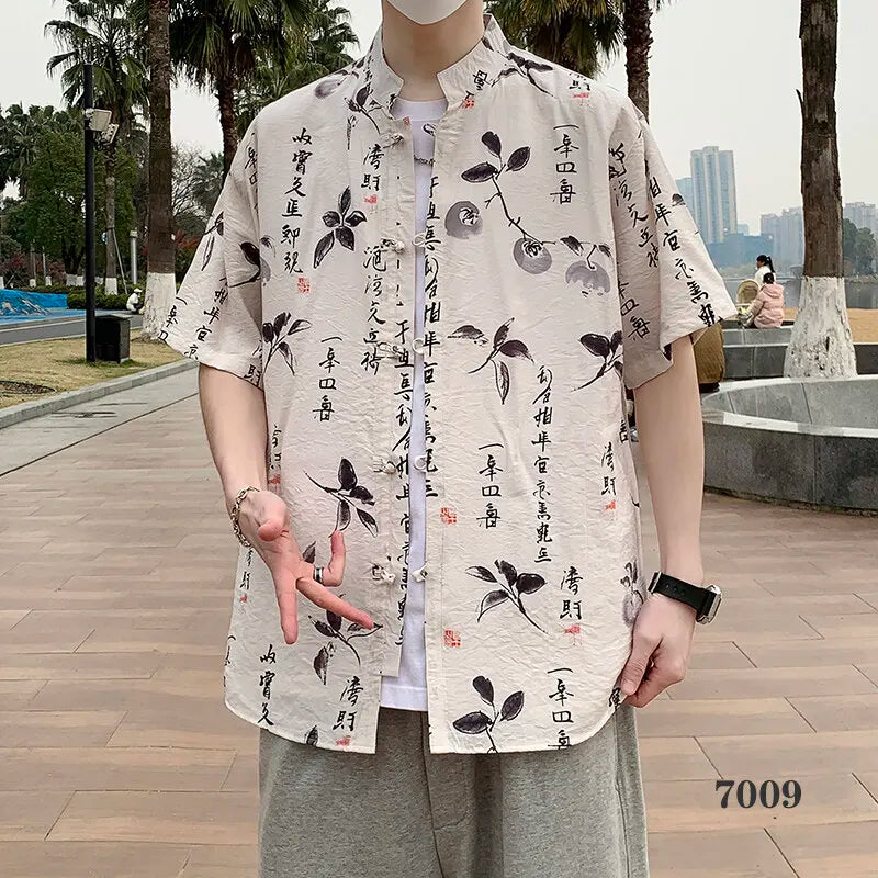 2026 Chinese Style Men's Short Sleeve Shirt with Chinese Characters Decorations and Asian Size Single Button Beach Casual Top