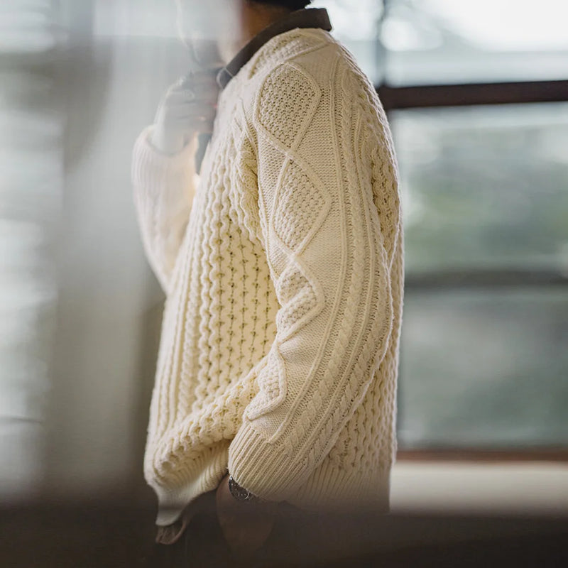 អាវយឺតបុរស Maden Retro Aran រដូវស្លឹកឈើជ្រុះ និងរដូវរងា អាវប៉ាក់ក្រាស់ ពណ៌បន៍ត្នោតខ្ចី កមូល អាវយឺតត្បាញ អាវក្រៅសម្រាប់លេងកម្សាន្តបានច្រើនយ៉ាង