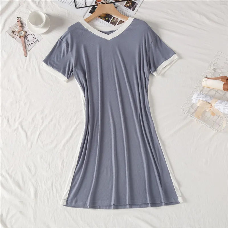 INS Short Sleeved Nightgowns For Women Summer Nightshirt Modal Knee Length Dress Loose V-Neck Casual Home Wear Nightdress