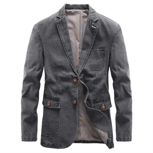 2026 New Men's Blue Denim Suit Jacket, Single-breasted V-neck Casual Coats, Black Gray Blazers S-XXXXL