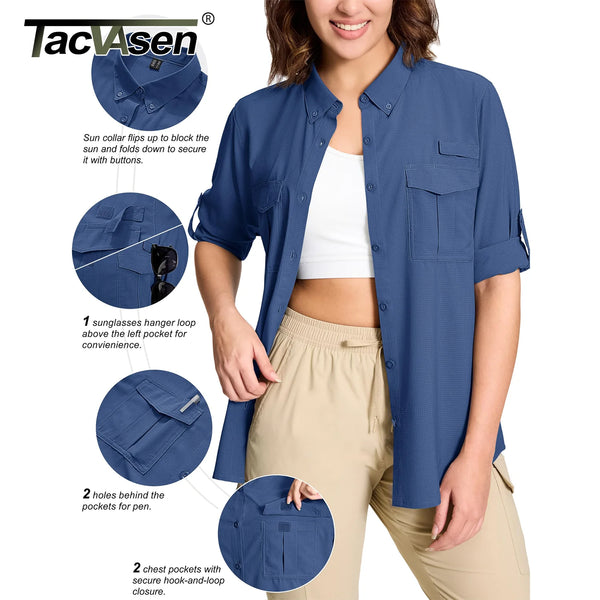 TACVASEN Womens UPF 50+ Fishing Shirts UV Block Quick Dry Long Sleeve Cargo Shirts Breathable Mesh Outdoor Trekking Hiking Shirt