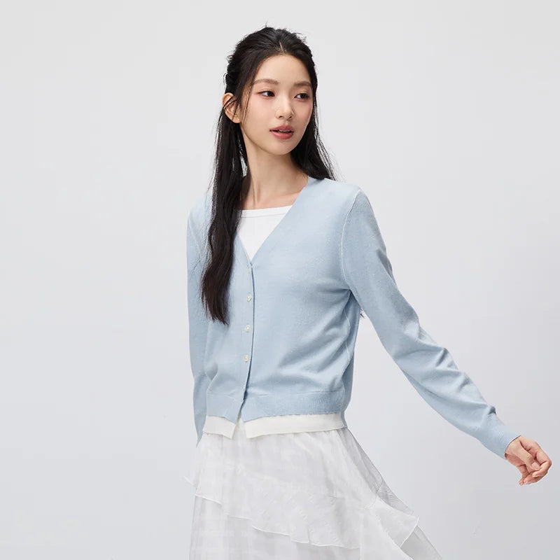 Semir Women Cardigan Cropped V Neck Colorblock Mock Layer Shoulder Fit 2026 Autumn Minimal Knitted Everyday Sweater Top