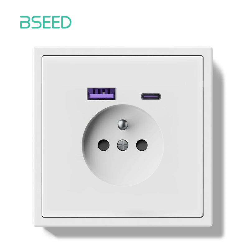 BSEED French Standard Wall Power Socket Electrical Outlets 20W USB Type-C Fast Charge Port Socket White Black Plastic Frame 16A