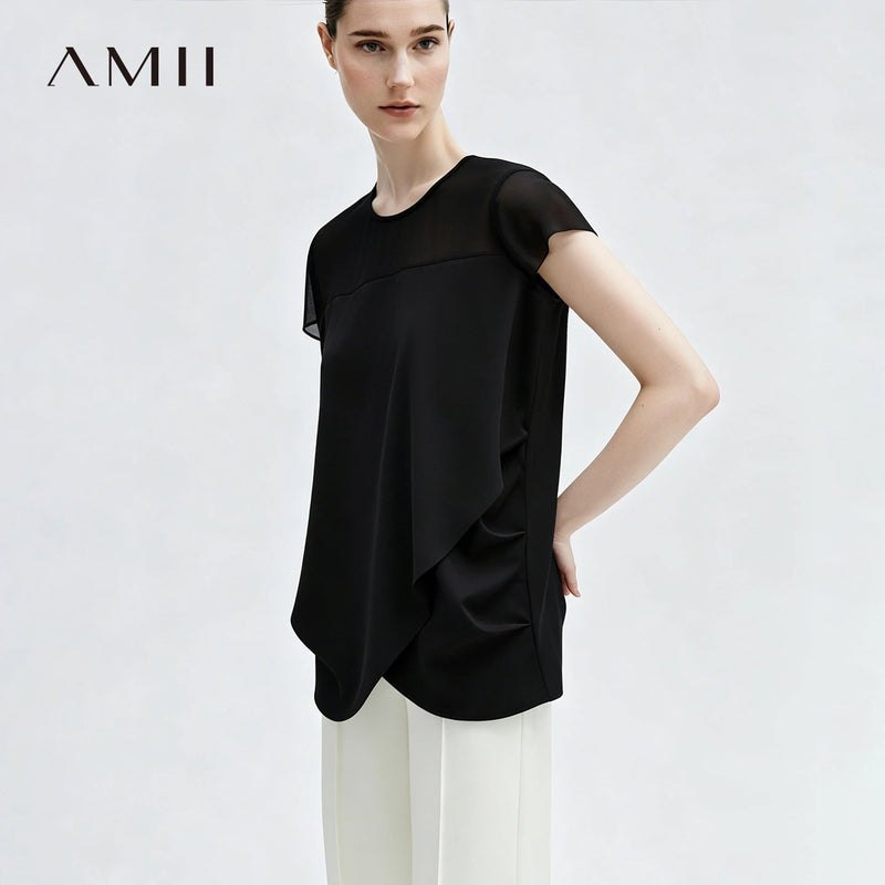 Amii Women's Blouse 2026 Summer New Round Neck Asymmetric Panel Patchwork Shirt Shirred Cap Sleeve Casual Chiffon Top 12642190