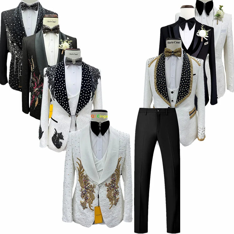 Men’s White Sequin & Crystal Embroidered Shawl Collar Blazer + Vest + Black Slim Fit Trousers - Dazzling Formal Suit Set