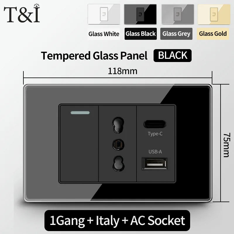 T&I Wall Switch Sockets With USB TypeC  Fast Charging, Italy Socket , Chile Schuko Outlet, Tempered Glass Panel for Home