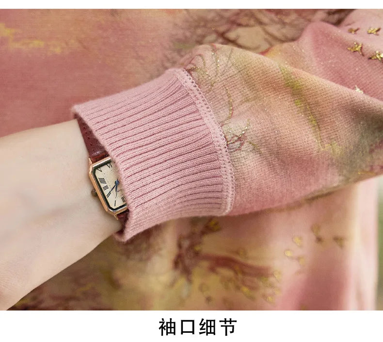 New Vintage Printed Woman Clothing Spring Autumn Middle Aged Mother Pollovers Long Sleeve Tops Women's Sweater Knitwear Blouse