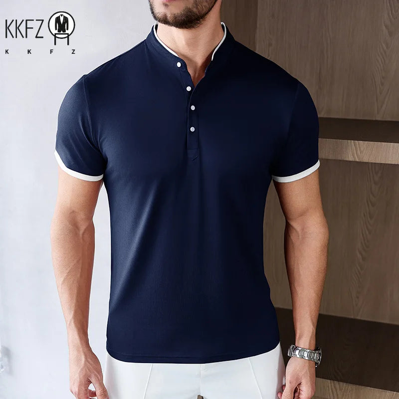 2025 New Men's Casual and Fashionable Solid Color Short Sleeved Stand Up Collar T-shirt Summer Versatile and Comfortable Top