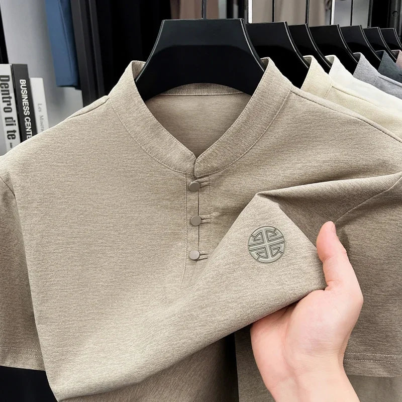 Mens Casual Short Sleeve Henley Shirt Mandarin Collar Frog Button Chinese Style Embroidered Summer Top