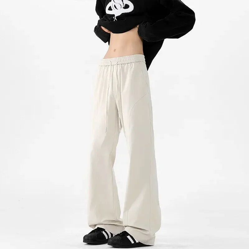Men Minimalist Loose Wide Leg Pants Drawstring Elastic Waist Comfort Smooth Fabric For Everyday Urban Casual Dressing