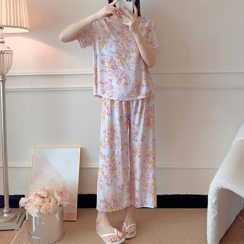 Comfort for Homewear Floral Pajamas 2 Pieces Set for Woman Casual Summer New Short Sleeve Sleepwear Women's Loungewear Suit