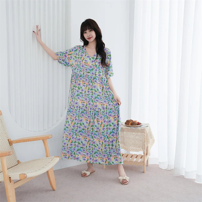 Loose Ladies Nightgowns Causal Night Wears For Women Nightshirt Short Sleeve Printed Nightdress Oversized Cotton Sleep Dress
