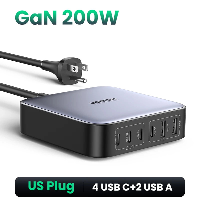 UGREEN 200W GaN Charger Desktop Laptop Fast Charger 6 in 1 Adapter For iPhone 17 16 Pro Xiaomi Samsung Tablets Macbook Charger