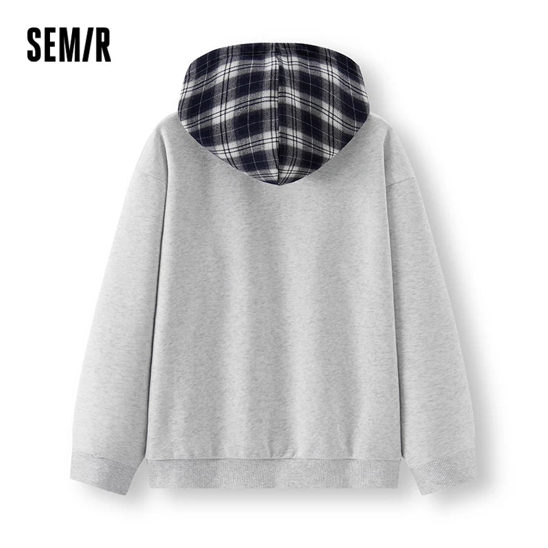 Semir Men Hoodies Retro Plaid Patchwork Pullover Letter Print Loose 2026 Autumn Urban Casual Style Knit Top Daily Layer