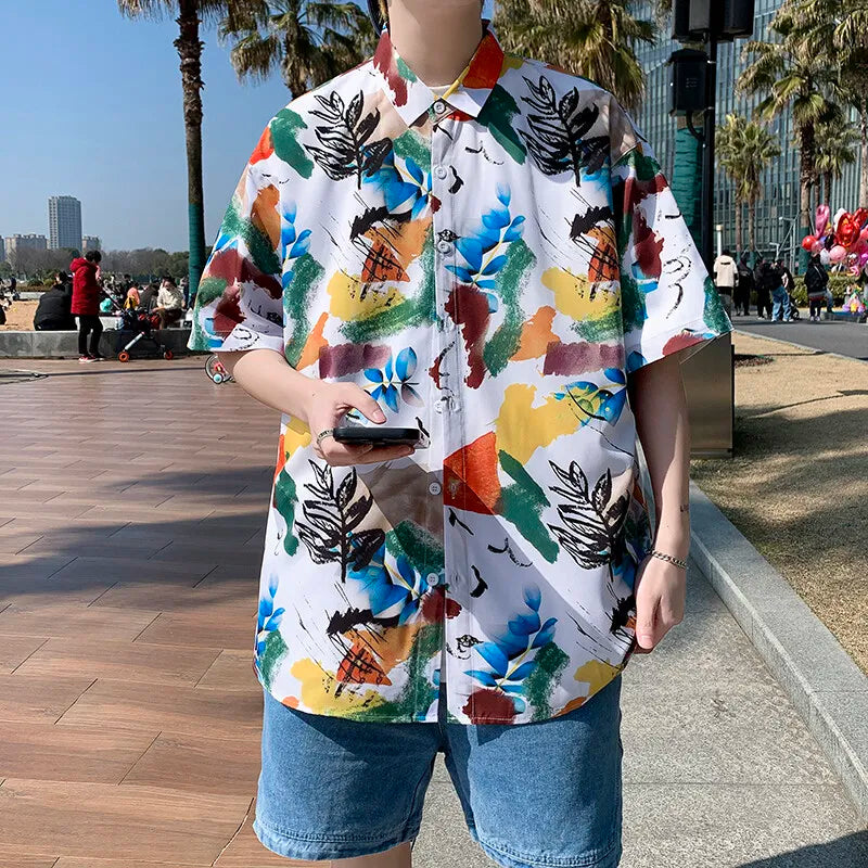 2026 Summer Men's White Short Sleeve Printed Shirt, Beach Vacation Shirts, White Black Gray Green Blue Loose Top, 2025 New
