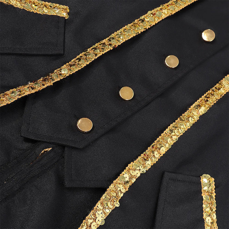 Blue Men's Halloween Trench Coat, Gold-trimmed Tailcoat with Patchwork Detailing, Medieval Mid-length Jacket, Punk-style Tops