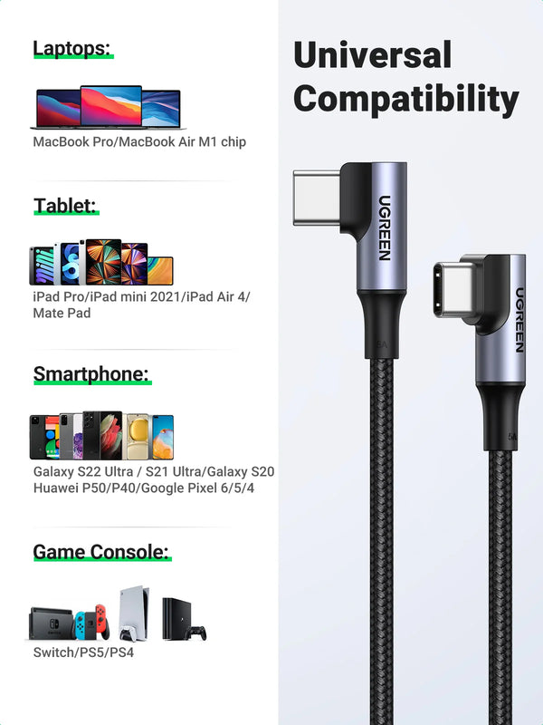 ខ្សែសាក UGREEN USB-C 90 ដឺក្រេ PD100W/60W Type-C សម្រាប់លេងហ្គេម ខ្សែសាកមុំស្តាំ 5A/3A សម្រាប់ iPhone 17/16 Samsung MacBook 0.5-3M