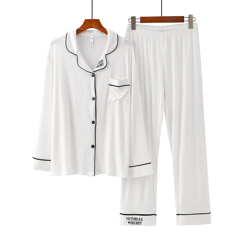 Women's Pajamas Spring Autumn Strips Modal Lapel Cardigan Trousers Sets Long-sleeved Loungewear New Sleepwear Pijama Mujer