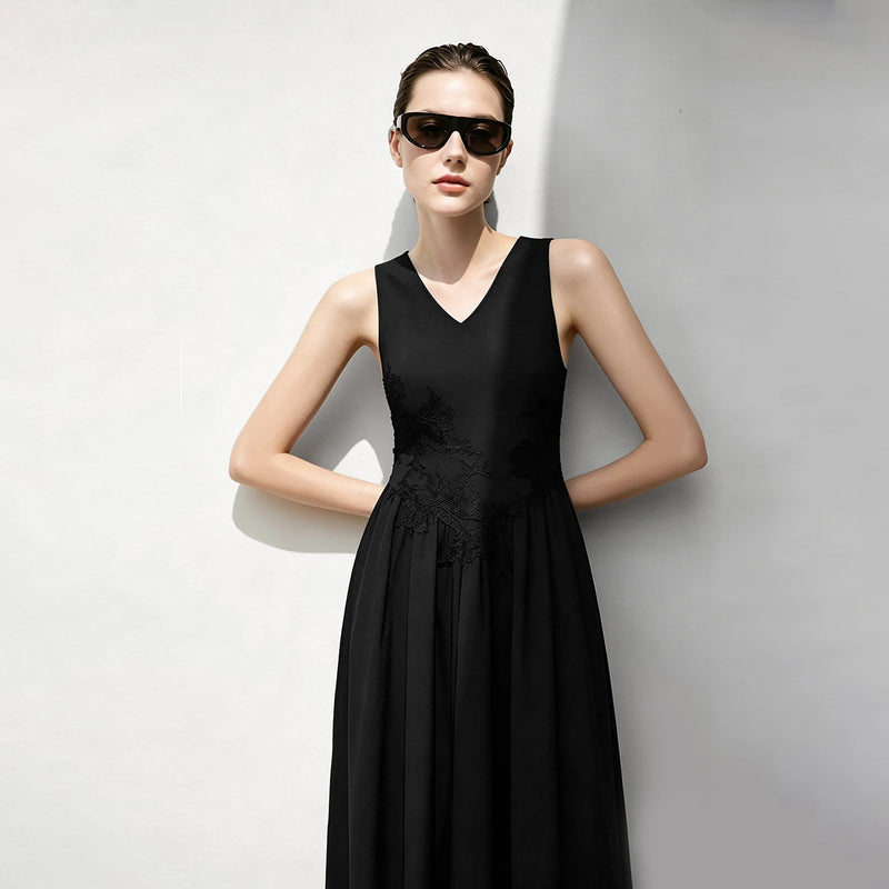 Amii Womens Dresses 2026 Summer New V Neck Lace Trim Linen Blend Sleeveless A-Line Dress Elegant Casual Woman Clothing 12642051