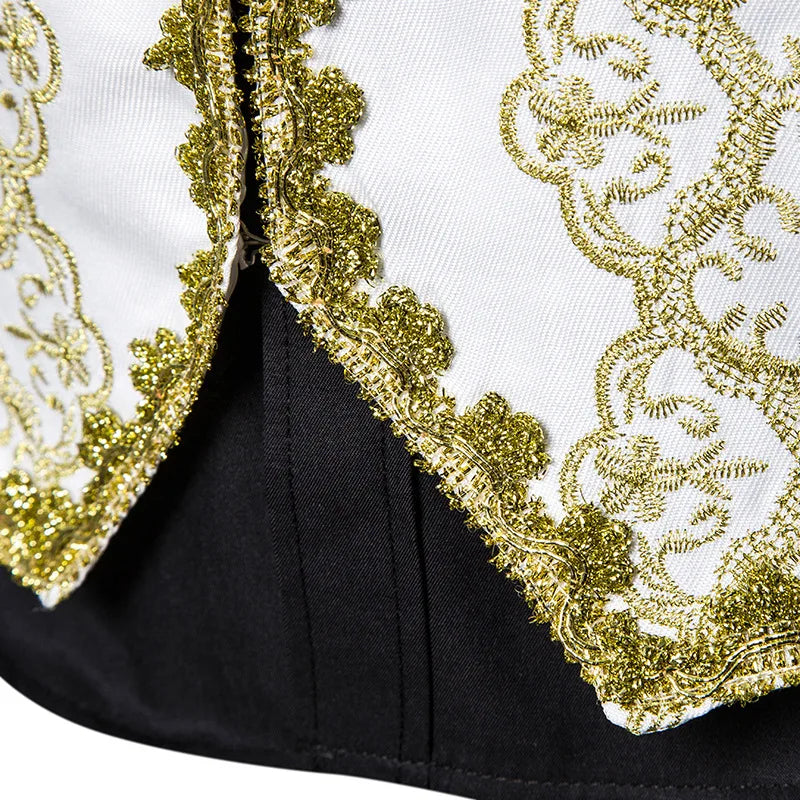 2026 Men's Red-Gold Embroidered Vest Jacket, White Court/Studio Waistcoat, Black Opera Stage Performance Sleeveless Vests Coat
