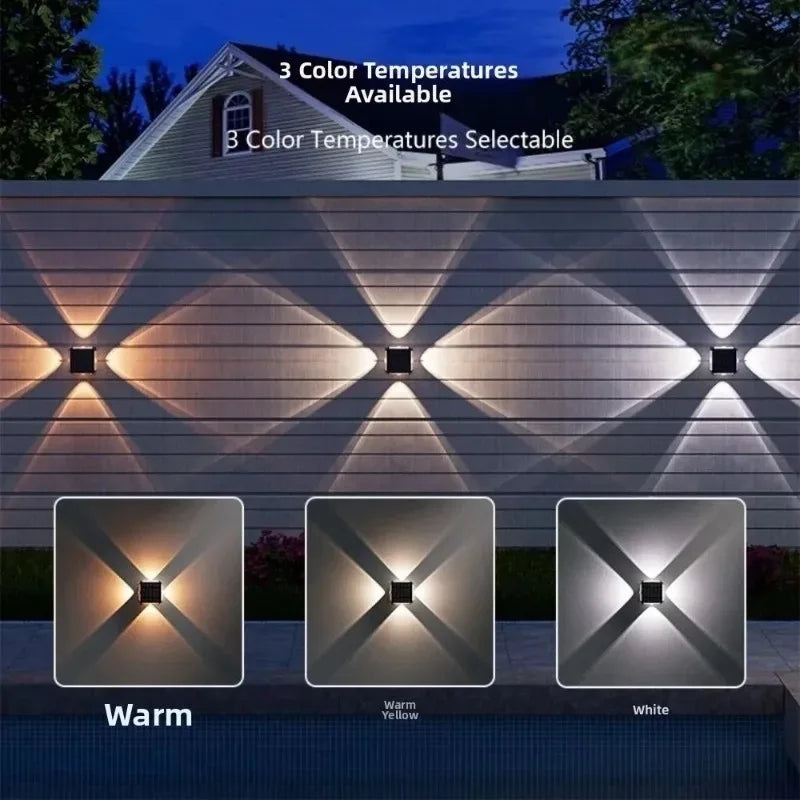 ភ្លើងជញ្ជាំង LED ដើរដោយថាមពលព្រះអាទិត្យ 4LED ក្តៅ/RGB ពហុពណ៌ ឡើងលើចុះក្រោម ភ្លើងជញ្ជាំង ចង្កៀងរបងការពារទឹកសម្រាប់សួនច្បារ ទីធ្លា ផ្លូវរានហាល