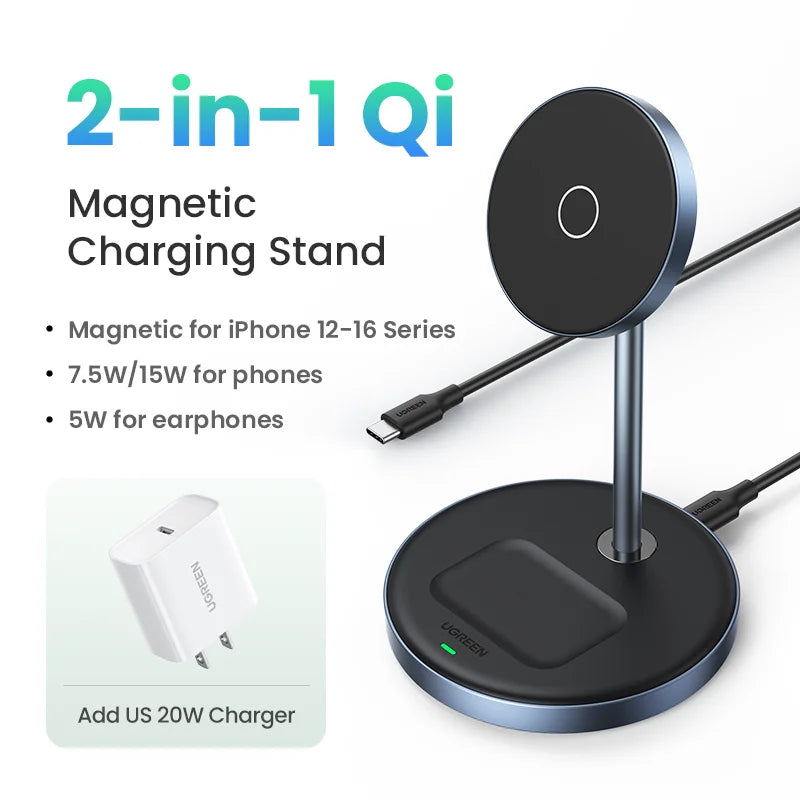 UGREEN Magnetic Wireless Charger Stand 15W Max 2-in-1 Charging Stand For iPhone 16 17 Pro Max/iPhone 14/AirPods Fast Charger