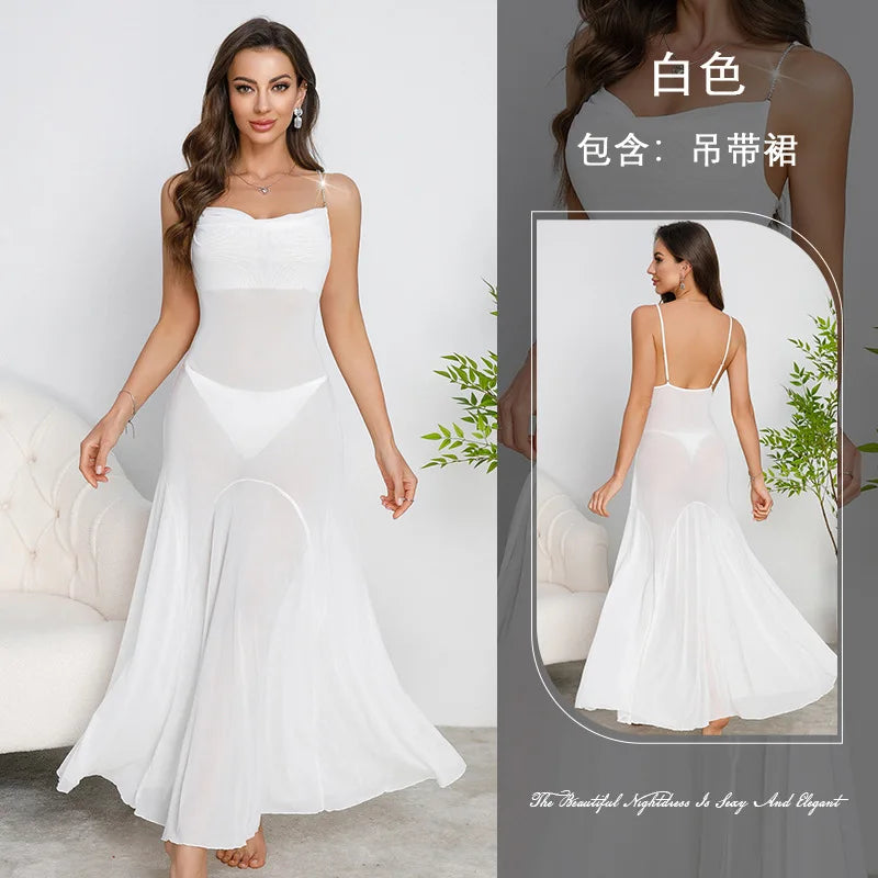 Strap Suspender Long Dress Swing Sexy Mesh Nightdress Night Wear Sleepwear Women Nightgowns Vestidos De Noche