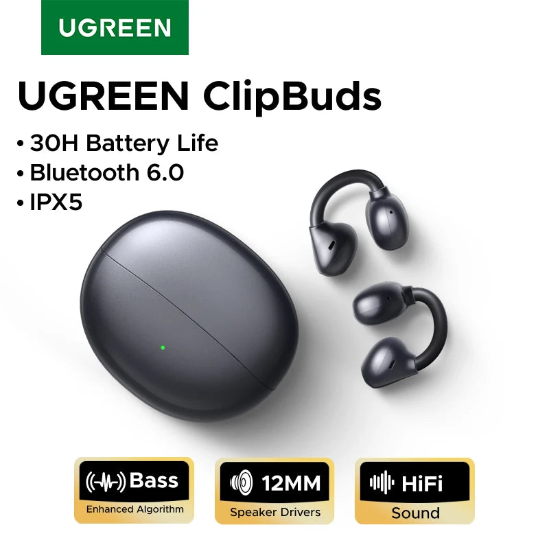 UGREEN ClipBuds Open-Ear Wireless Headphones Bluetooth 6.0 with 4 Mic Clear Call, Earbuds Clip on Earphones 30H Playtime