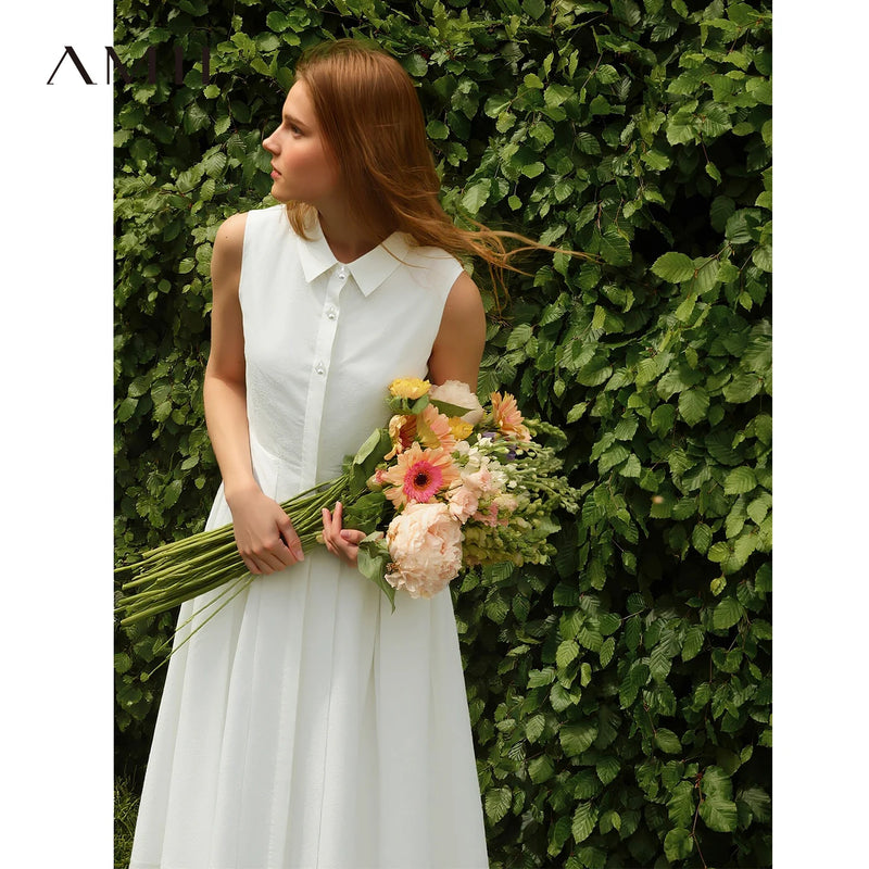 Amii Long Dress 2026 Summer New Lapel Collar Pearl Button Jacquard Elegant Office Slim Fitted Waist Dress For Women 12652025